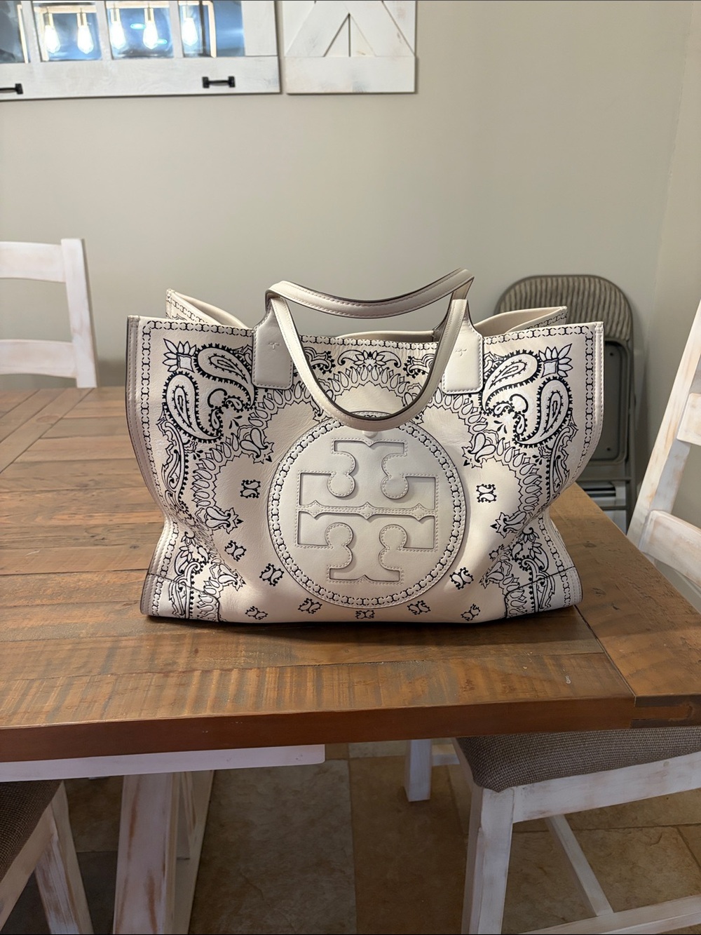 RARE Leather Tory Burch Cream Paisley-Print Ella Tote